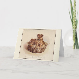 Carte de Noël Chiots Vintage dans un Panier