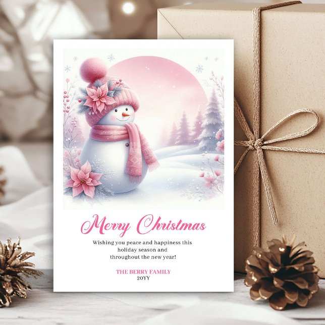 Carte de Noël classique imprimable pour enfants av (Classic pink snowman kids printable card editable)