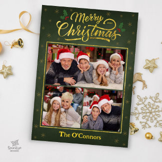 Carte de Noël Collage Script Vert & Or
