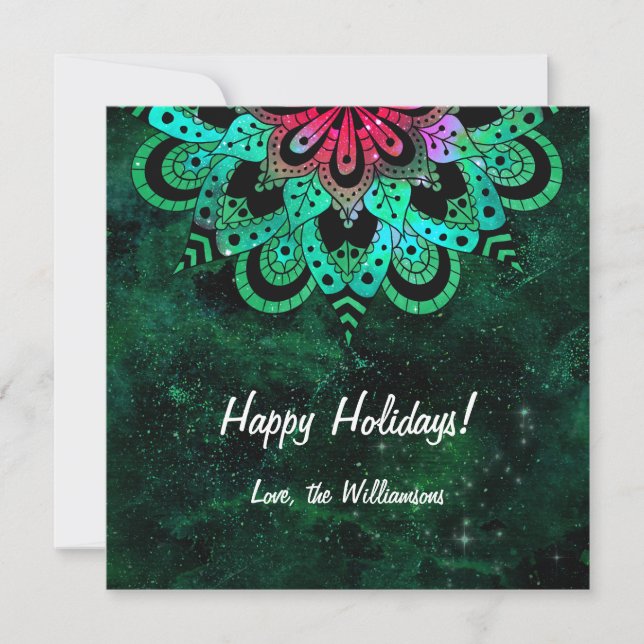 Carte de Noël Cosmique Rose Vert Mandala (Devant)