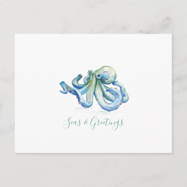 Carte de Noël côtière Watercolor Octopus Postcard (Devant)