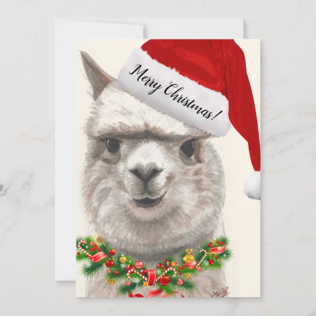 Carte de Noël Cute Alpaca Santa Hat Art original (Devant)