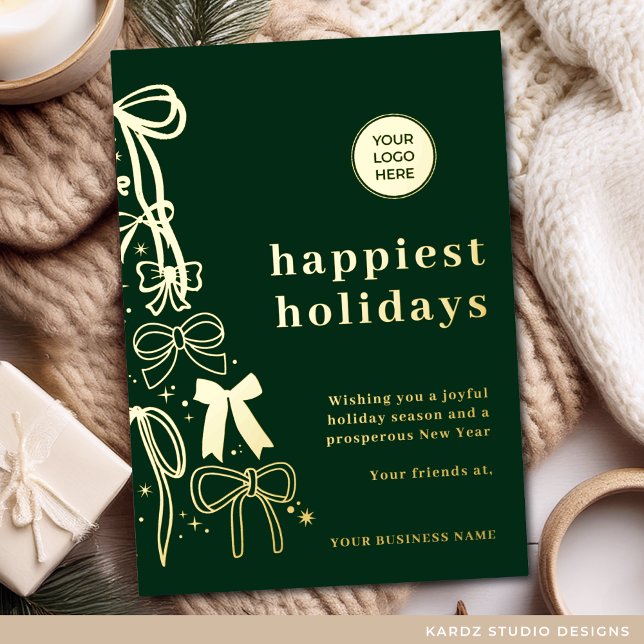 Carte de Noël d'affaires Green Gold (Card is shown in 5 x 7 inches, personalize it with your logo and message. Choose foil color)