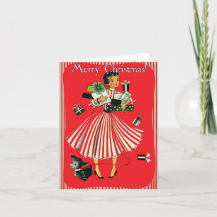 Carte de Noël "Dame du shopping" de style rétro