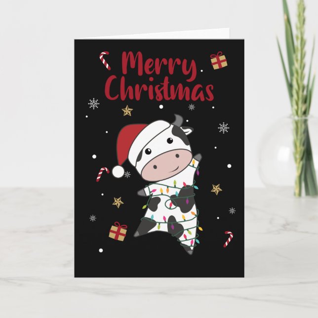 Carte de Noël d'animaux d'hiver vache joyeuse (Devant)