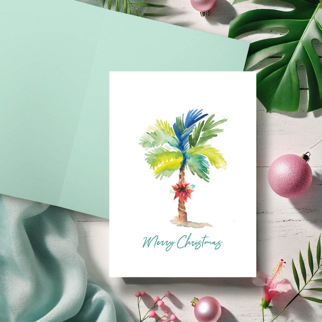 Carte de Noël de beauté Tropical Palm Trees Waterc (Merry Christmas wishes watercolor tropical palm tree art by Victoria Grigaliunas Do Tell A Belle)