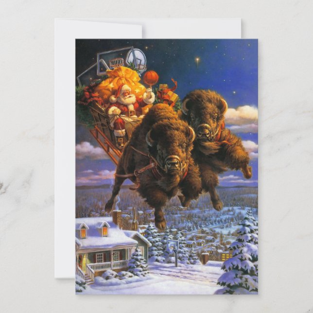 Carte de Noël de bison tirant le Père Noël (Devant)