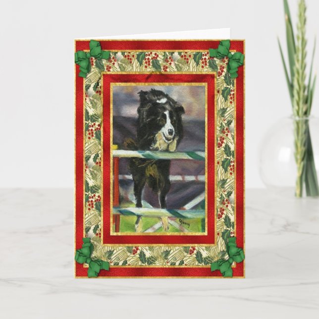 Carte de Noël de blanc d'agilité de border collie (Devant)