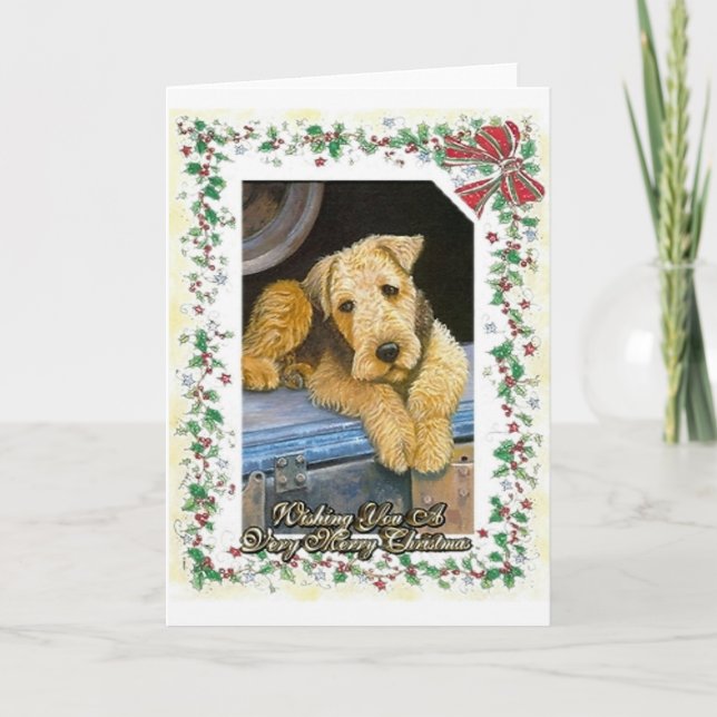Carte de Noël de blanc de chien d'Airedale Terrier (Devant)
