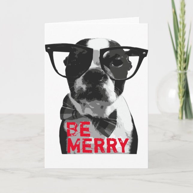 Carte de Noël de Boston Terrier de hippie (Devant)