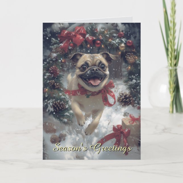 Carte de Noël de chien de Carlin excité (Devant)
