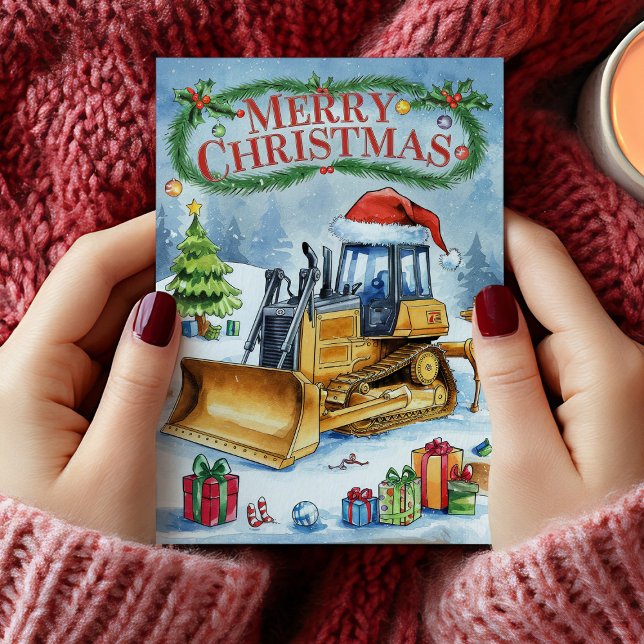 Carte de Noël de construction de l'excavateur d'aq (Watercolor Excavator Construction Christmas Card)