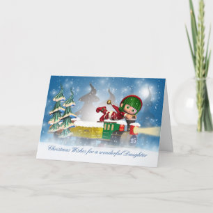 Carte de Noël de fille avec un elfe mignon sur le 