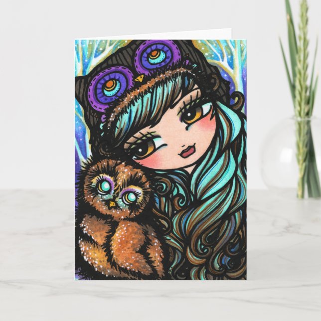 Carte de Noël de forêt de neige de hibou d'hiver (Devant)