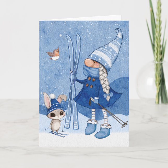 Carte de Noël de gnome de lapin de ski (Devant)