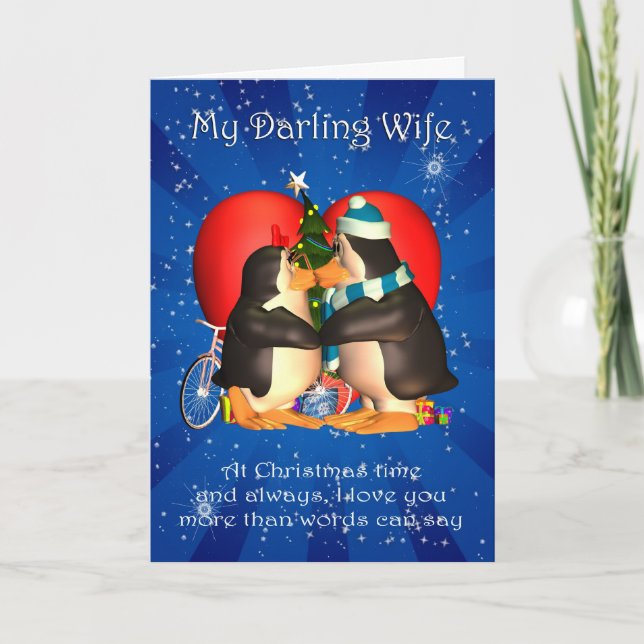 Carte de Noël de la femme avec des pingouins baisa (Devant)