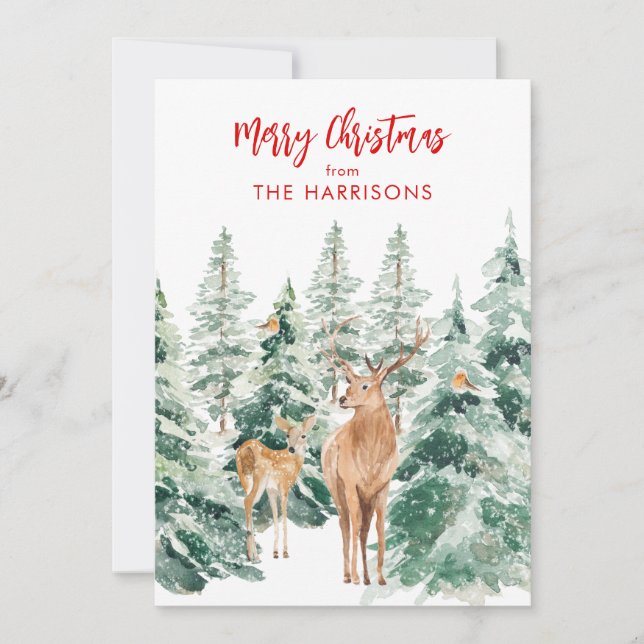 Carte de Noël de la forêt hivernale Cerf Joyeux No (Devant)