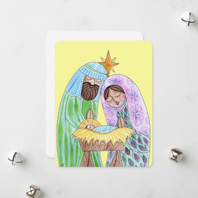 Carte de Noël de la Nativité aquarelle (Devant/Arrière en situation)