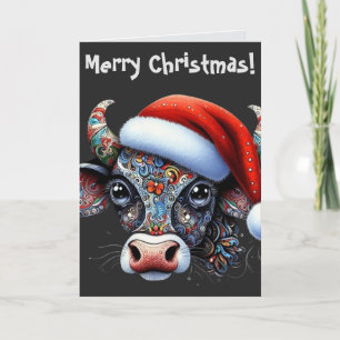 Carte de Noël de la vache avec chapeau de Noël