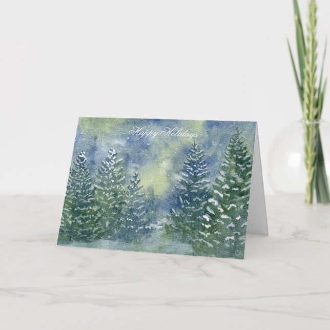 Carte de Noël de l'aquarelle de la forêt neigeuse (Devant)