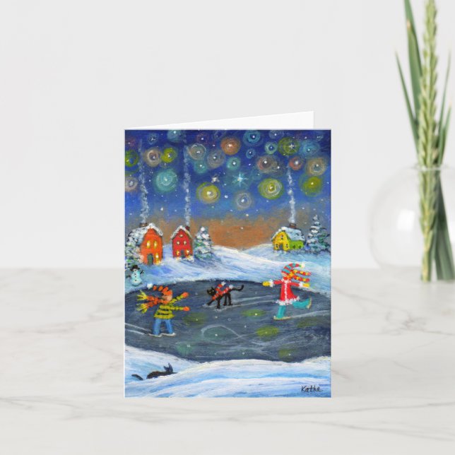 Carte de Noël de Noël "Ice Slider", chats de patin (Devant)