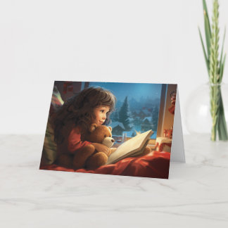 Carte de Noël de petite fille et ours en peluche