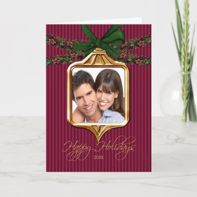 Carte de Noël de photo de cadre d'ornement d'or (Devant)