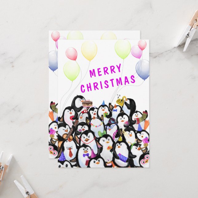Carte de Noël de pingouin Bonne fête des pingouins (Devant/Arrière en situation)