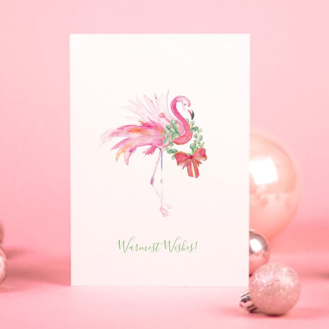 Carte de Noël de plage Flamant Rose avec Couronne (Christmas cards Florida beach watercolor pink flamingo by artist Victoria Grigaliunas)