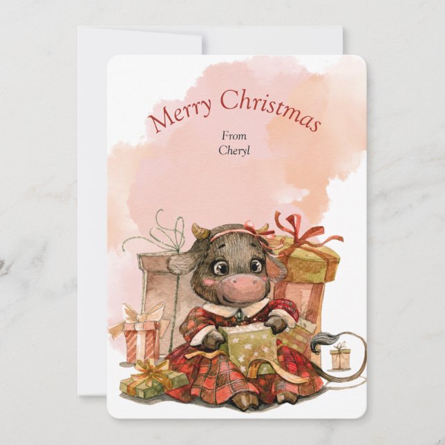 Carte de Noël de Vache mignonne Aquarelle (Devant)