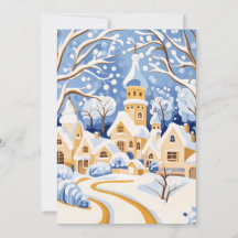 Carte de Noël de village enneigé au crépuscule