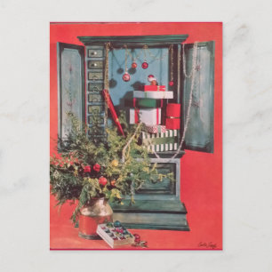 Carte de Noël des années 1950, coffre avec présent