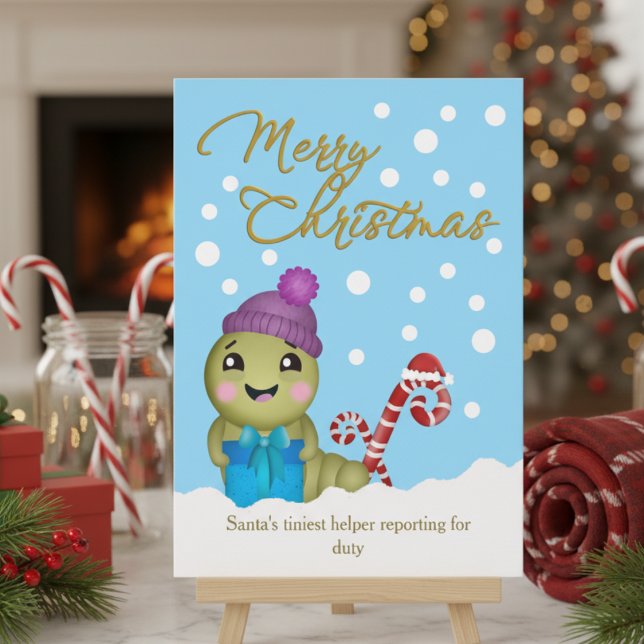 Carte de Noël Dessin Animé Ver Personnalisable (Looking for an adorable Christmas card where you get to design the message? This is the one.)