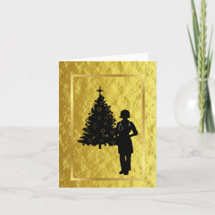 Carte de Noël dorée silhouette de femme médecin