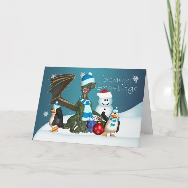 Carte de Noël Dragon & Penguin, Salutation de sais (Devant)