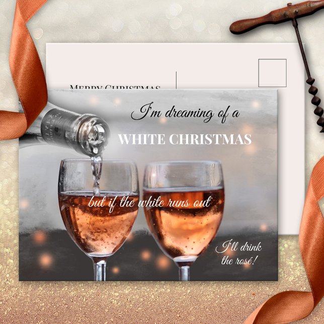 Carte de Noël drôle au vin rosé (Funny Christmas postcard for wine lovers, showing a painting of two glasses with a rosé wine)