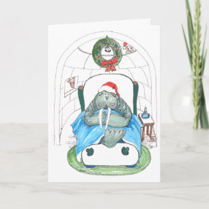 Carte de Noël drôle de faune de morse et d'igloo