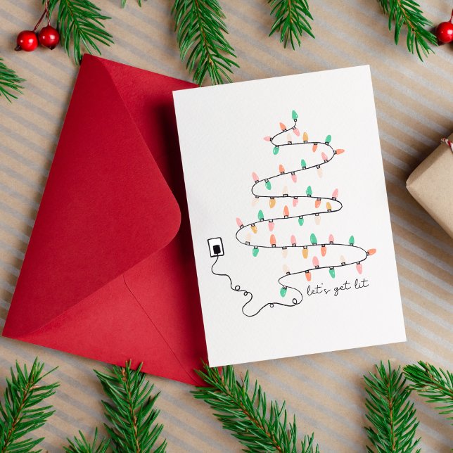 Carte de Noël drôle pour collègues : Allumons la f (Lets Get Lit Funny Christmas Card for Coworkers Blank Christmas Tree Lights Card)