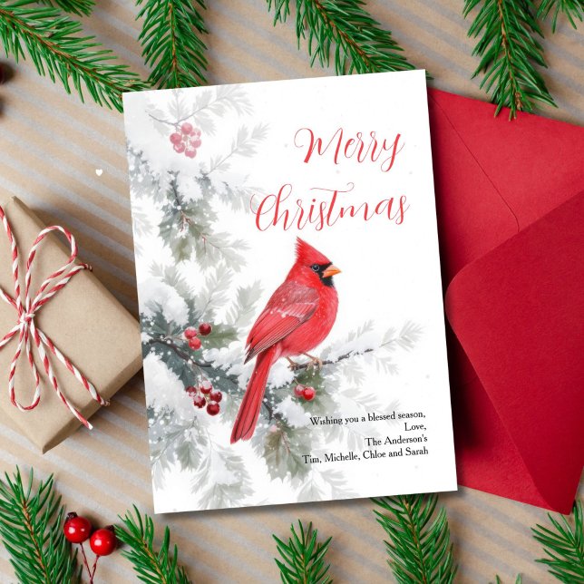 Carte de Noël du Cardinal rouge d'hiver (Snowy Winter Tree Branch Red Cardinal Christmas Holiday Greeting Card. Printed or Digital)