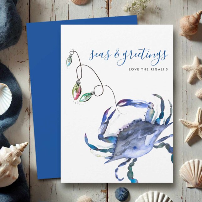Carte de Noël du crabe à l'aquarelle bleue de la p (Beach Christmas cards watercolor crab in shades of blue with holiday lights Victoria Grigaliunas)