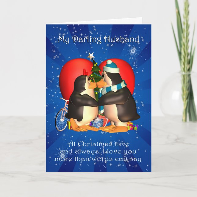 Carte de Noël du mari avec le coeur des pingouins  (Devant)