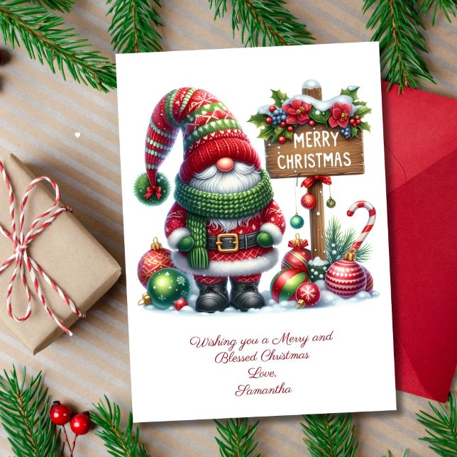 Carte de Noël du Père Noël du mignon Gnome (Gnome Santa Christmas Holiday Card. Personalize it with your message)