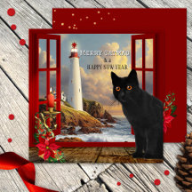 Carte de Noël du phare de chat mignon