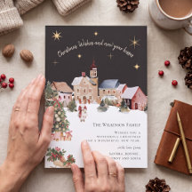 Carte de Noël du village à l'aquarelle