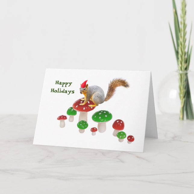 Carte de Noël Écureuil avec Champignons Rouges et  (Devant)
