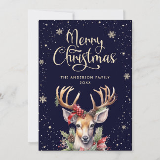 Carte de Noël élégante au renne à l'aquarelle Bleu