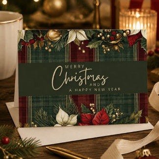 Carte de Noël élégante burgundy à carreaux & poins