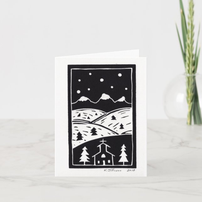 Carte de Noël en linogravure d'hiver montagneux (Devant)