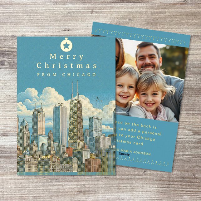 Carte de Noël en papier métallisé avec vue sur Chi (Merry Christmas Chicago Skyline Photo Foil Card (front and back))