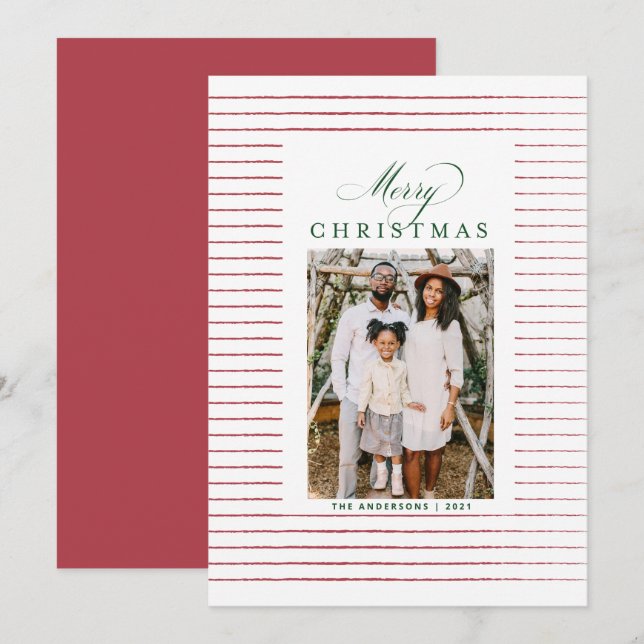 Carte de Noël en rouge et vert rayé (Devant / Derrière)